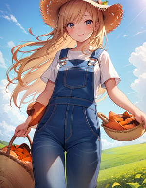 (masterpiece, top quality), high definition, artistic composition, 1 girl, smiling, harvesting sweet potatoes, denim overalls, beige innerwear, straw hat, sweet potato field, blue sky, nature, from below, sweet potato and vine in hand