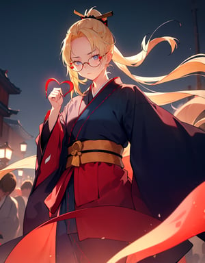 (Masterpiece, Top Quality), High Definition, Artistic Composition, 1 Girl, Animation, Blonde Hair, Inverted Ponytail , Samurai, Indigo Dyed Kimono, Japanese Sword, Serious Face, Glasses, Make a Heart with Own Hands, Crowded, Night Street, Impressive Light, High Contrast, Heart Mark