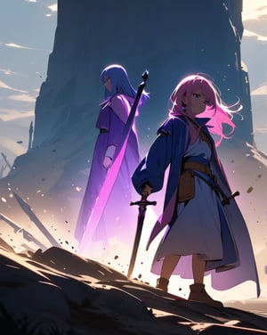 (masterpiece, top quality), high definition, artistic composition, two girls, blue swordsman and pink wizard, stand back to back, hero costume, battlefield, cartoon, holding sword and stick, looking away, tired smile, dirt on clothes, backlit, dramatic, pinch, high contrast, bold composition, from the side, powerful, struggling, fighting together