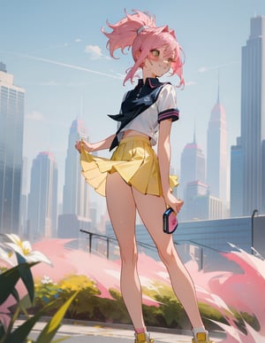 (Masterpiece, Top Quality), High Definition, Artistic Composition, 1 Woman, Pink Hair, Ponytail, White Polo Shirt, Yellow Miniskirt, Navy Blue Sneakers, Smiling, Feminine Pose, City Park, Portrait, Gravure, Full Length, Stylish, Healthy, Looking Away
