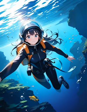 (masterpiece, top quality), high definition, artistic composition, 1 girl, retro diving suit, large glass helmet, underwater, exploring, beautiful seascape, striking light