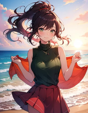 (Masterpiece, Top Quality), High Definition, Artistic Composition, 1 girl, high ponytail, green knit, sleeveless, dark red flared skirt, posing, smiling, along the beach, big hair band, blowing in the wind