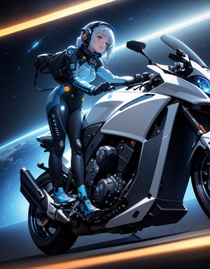 Masterpiece, Top Quality, High Definition, Artistic Composition, One girl, Silver and Nile blue spacesuit, Stylish, Commuter like motorcycle without tires, Floating in space, Science fiction, Orange lights, Futuristic, Bold composition, Impressive light, Android-like armor From below, wide shot, Dutch angle,girl