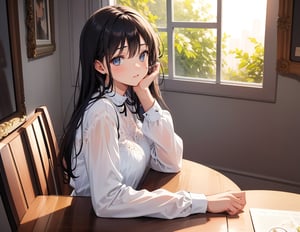 Masterpiece, Top Quality, High Definition, Artistic Composition, 1 Girl, Sitting, Smiling, Picture Frame on Table, Looking At Picture Frame, Looking Away, Dining Room, Room Wear, Window, Dining Table, From Side, Backlight, Striking Light, Relaxing, Portrait