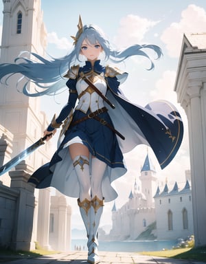 Masterpiece, Top Quality, High Definition, Artistic Composition,1 girl, blue sailor-like battle dress, stylish sword at the ready, wind blowing, clear sky, long light blue hair, gold hair ornament, warrior, fantasy, white tights, long white boots, old castle, bold composition