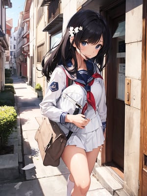Masterpiece, Top Quality,1 female, white sailor suit, white skirt, school uniform, school uniform, demure, smiling, holding student bag in front of body with both hands, walking, school route, morning, beautiful scenery, impressive light, dramatic, Japanese, elegant, high definition, portrait