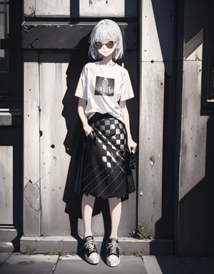 Masterpiece, Top Quality, High Definition, Artistic Composition, One girl, leaning against a wall, waiting for someone, looking away, looking down, smirking, round frame sunglasses, silver hair, black printed shirt, tricolor checkered skirt, black sneakers, casual, Portrait, monotone cityscape, French style, low saturation