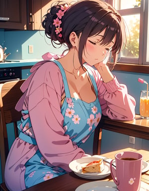 Masterpiece, Top Quality, High Definition, Artistic Composition, One mother, dark hair, hair tied back, pink floral apron, light blue loungewear, sitting in chair, sleeping with eyes closed, tired, breakfast ready on table, kitchen, sunlight, morning, from side, portrait, animation,photograph