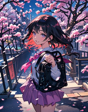  Masterpiece, top quality, high quality, artistic composition, 1 girl, elementary school student, school bag, schoolbag, energetic, handbag, lively, smiling with mouth open, running at full speed, cherry blossom tree, cherry blossoms in full bloom, petals dancing, looking away, nice weather, warm light, portrait, bold composition, 8 years old, from above, looking away, child,<lora:659111690174031528:1.0>