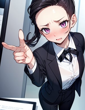 (masterpiece, top quality), high definition, artistic composition, one female, pointing, embarrassed, troubled, collared shirt, business suit, from above, nose blush, broad forehead, hair pulled back, fingers up, office, cute, comedy, animation, reaching, looking away