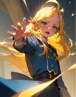(masterpiece, top quality), high definition, artistic composition, 1 girl, elf, navy blue jacket, cream yellow shirt, gold earrings, blonde hair, long hair, big blue ribbon, disgusted face, scared, mouth open, face turned away, looking sideways, waving hands, fantasy, cartoon, from front, sweat, Adventurer.,girl