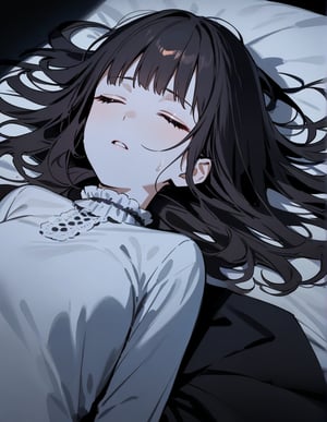 (masterpiece, top quality), high definition, artistic composition, 1 girl, dark hair, gothic, sleeping on bed, suffering, sweating, from above, (devil standing beside), frightening, horror, dark, overhedshot, devil image