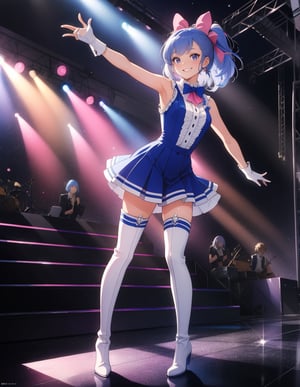  (masterpiece, top quality), high definition, artistic composition, 1 girl, pink 1980s idol fashion, anime, big bow tie with brooch, white two-socks, gravure pose, stage, backlight, light reflecting off floor, smirk, knee-high boots, sleeveless, blue hair