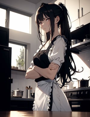 (masterpiece, top quality), high definition, artistic composition, 1 female, dark hair, long hair, from below, arms crossed, scary face staring, backlit, apron, kitchen, hair tied back, Dutch angle, striking light, Wife. loungewear.