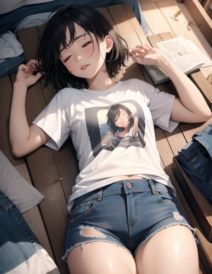 (masterpiece, top quality), high definition, artistic composition, 1 girl, t-shirt, denim shorts, short hair, sleeping with eyes closed, hot, distressed, fan, cluttered small room, from above, sloppy, portrait, summer, wide shot, sweating