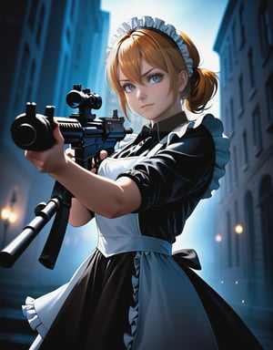 (masterpiece, top quality), high definition, artistic composition, 1 girl, maid cosplay, Halloween, night, city, smirking, heavy weapon, aiming with gun, firing, action pose, looking away, dynamic, powerful, In combat, Dutch angle, High contrast, Suspense