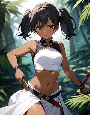 (masterpiece, top quality), high definition, artistic composition, 1 girl, black hair, anime style costume, white cloth ethnic style fighting outfit, navel showing, brown skin, oriental dagger in sheath, twin tails, Southeast Asian Jungle, Blurred Background