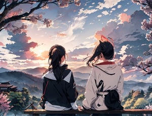 Masterpiece, Top quality, 2 girls, side by side, one sitting, spring jacket, back view, overlooking Japanese countryside, stream in distance, one large tree standing, dusk, striking sky color, looking away, high definition, emotional, large clouds, wide sky, railroad tracks visible