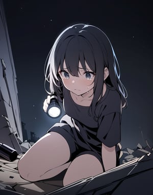 (masterpiece, top quality), high definition, artistic composition, 1 girl, 15 years old, scared, tears in her eyes, (holding flashlight), darkness, in ruins, plain t-shirt, shorts, frightening, terror, pitch black, jet black, dark background