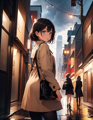 Masterpiece, top quality, high definition, artistic composition, 1 woman, walking, casual, beige coat, urban style, hands behind back, handbag, looking away, smiling, sad, saying goodbye, May Storm, night city, dramatic, side composition, cowboy shot