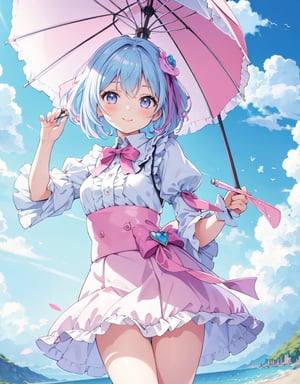 (masterpiece, top quality), high definition, artistic composition, 1 girl, 15 years old, smiling, puff sleeve, gather skirt, holding parasol, jumping, pop image, illustration style, pastel colors, cute gesture, lobbed hair