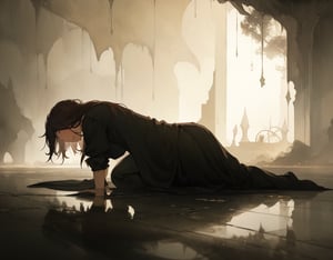 (Masterpiece, Top Quality), High Definition, Artistic Composition, 1 Woman, crying, on all fours, weeping, screaming, warrior, fantasy, hair disheveled, dramatic, somber attire, dark background, face down, from side, striking light