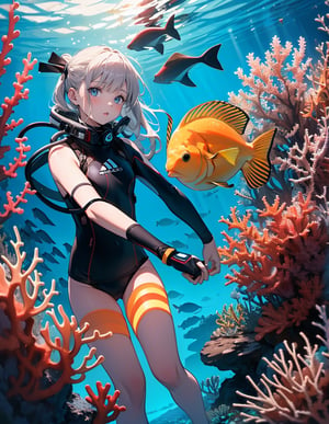 Masterpiece, top quality, high definition, artistic composition, 1 girl, scuba diving, diving, south sea, coral reef, colorful fish, bold composition, striking light, high contrast, underwater,girl