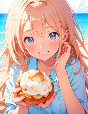 Masterpiece, Top quality, High definition, Artistic composition, One girl, eating cream puffs, cream around mouth, smiling, close-up of face, light blue clothing,chibi