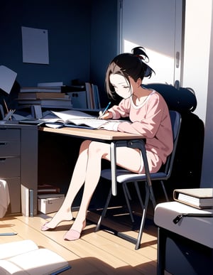 Masterpiece, Top Quality, High Definition, Artistic Composition,1 girl, sitting in a chair studying, study desk, notebook, holding a pencil, distressed, frowning, hair tied back, top, plain colored loungewear, messy room, small room, (cat sleeping on floor), dark room, bold composition, looking away 