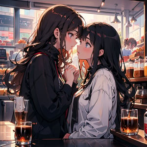 Masterpiece, Top quality, High definition, Artistic composition, Two girls, Friend, Kissing on the cheek, Surprised, Side view, Coffee store