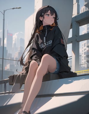 (masterpiece, top quality), high definition, artistic composition, one girl, thinking, sitting with legs together, casual fashion, urban, wide shot, looking up to heaven, blurred, looking away, portrait, great view