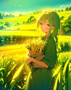 (Masterpiece, Top Quality), High Definition, Artistic Composition, 1 Woman, holding corn in hand, smiling, khaki farm clothes, tall corn seedling, cornfield, green landscape, high contrast, from front, striking light