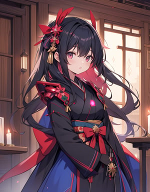 Masterpiece, Top Quality, High Definition, Artistic Composition, One girl, gentle smile, black hair, big pink ribbon, red and blue-green kimono-like battle dress, android-like armor, inside wooden building, dark, candlelight