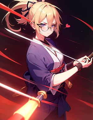 (Masterpiece, Top Quality), High Definition, Artistic Composition, 1 Girl, Animation, Blonde Hair, Inverted Ponytail , Samurai, Indigo Dyed Kimono, Japanese Sword, Serious Face, Glasses, Make a Heart with Own Hands, Crowded, Night Street, Impressive Light, High Contrast, Heart Mark