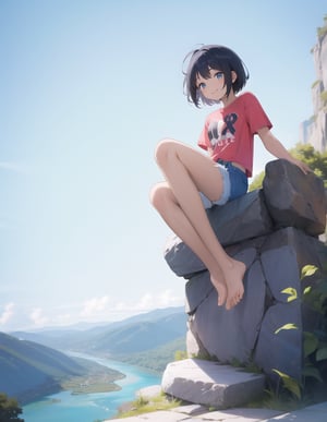 Masterpiece, Top Quality, High Definition, Artistic Composition,1 girl, smiling, soles of feet, t-shirt, jean shorts, sitting on stone, mountains, river, blue sky, from below, short hair, tanned, blue sky, bold composition