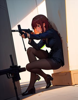 (masterpiece, top quality), high definition, artistic composition, 1 woman, business suit, brown pantyhose, surprised, crouching, building shadow, hold a pistol and take aim, looking away, hiding, suspense, Dutch angle, lower posture