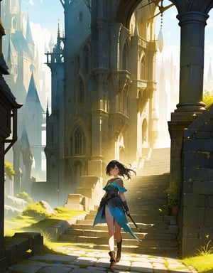 (Masterpiece, Top Quality), High Definition, Artistic Composition, 1 girl, Fantasy Costume, City Girl, Walking, Cobblestone Steps, Fantasy City, Green, Bright Sunlight, Portrait, Watercolor Style, Low Contrast