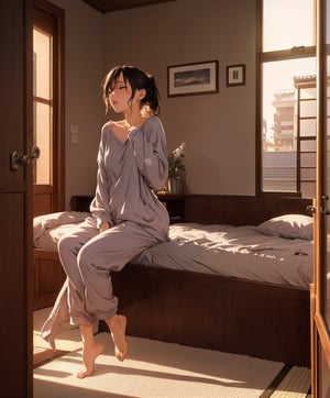 Masterpiece, Top Quality, High Definition, Artistic Composition, 1 girl, loungewear, bedroom, hanging out door, morning, sleepy, portrait, urban, Japan, sleepy, looking at me, yawning, mature, full body, backlit, wide shot,best quality