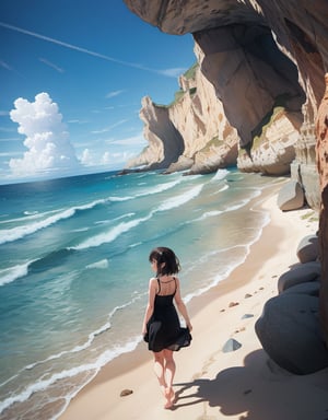 (masterpiece, top quality), high definition, artistic composition, 1 girl, sleeveless dress, bare feet, sandy beach, lapping waves, tunnel made of huge rocks, beautiful natural scene, unusual landscape, surprised, exploring, bold Composition,1girl