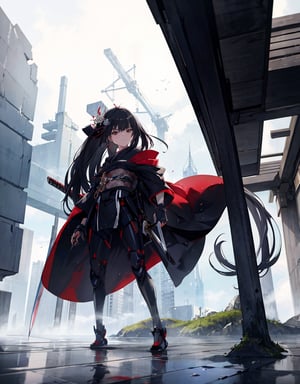  Masterpiece, Top Quality, High Definition, Artistic Composition, 1 girl, Serious face, Standing pose, Kimono-like body suit, White and red, Sword at waist, Armored machine, Slender, Black hair, Hair ornament, Japanese sword-like sword at waist, Full body, Building roof, Dark, Wet floor, From below, Science fiction, Futuristic, Ruined, Wide shot, Perspective, Water vapor