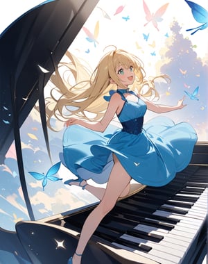 Masterpiece, Top Quality, High Definition, Artistic Composition,1 girl, blue dress, blond hair, smiling, frolicking, bouncing, one leg raised, on huge piano keys, white background, many big notes flying in the air, image, unreasonable, fairy tale, pastel tones