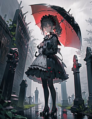 Masterpiece, Top Quality, High Definition, Artistic Composition,1 girl, umbrella, standing, gothic lolita, dark face, raining, smoking in the rain, dark graveyard, striking, from front, wide shot, eerie atmosphere, red choker, dark sky