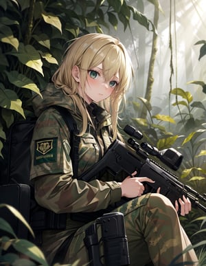 (masterpiece, top quality), high definition, artistic composition, 1 girl, camouflage, blonde hair, bunched back, dirty face, tired, staring at ground, holding machine gun, sitting down, dark jungle, dark green, dramatic