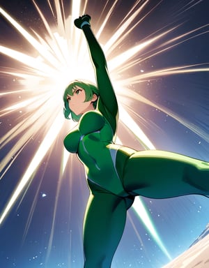 (masterpiece, top quality), high definition, artistic composition, 1 girl, green hero suit, cartoon, looking away, (stretching her arms up and tall), powerful composition, from below, bold composition, emphasis on feet, large ball of light overhead, dynamic, Dutch angle, stretching back, in battle, looking up

