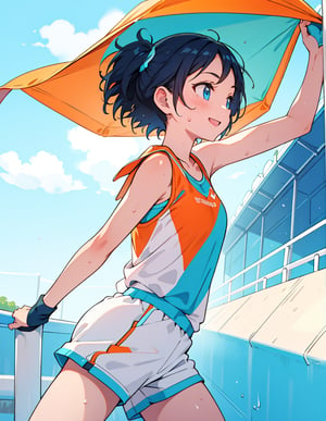 Masterpiece, Top quality, High definition, Artistic composition, One girl, front view, track, cyan and orange sportswear, smiling, sweating, sports towel, looking away, short hair, bold composition