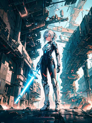masterpiece, top quality,1 woman, mechanical armor, sexy, holding glowing sword, lightsaber, spaceship factory in space, space view from inside, dark background, no earth, photo, futuristic, high definition, wide shot, artistic composition, science fiction, cyberpunk