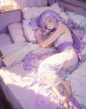 Masterpiece, Top Quality, High Definition, Artistic Composition,1 girl, light purple hair, long hair - thin eyes open, sleepy, morning sun, bed, wrapped in sheets, elegant, beautiful morning, from above, lying in bed, Japanese anime style, pleasant, white nightgown, Pastel colors