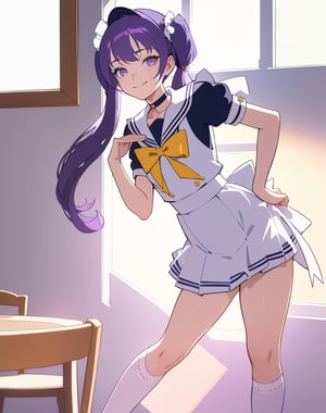 (masterpiece, top quality), high definition, artistic composition, 1 girl, maid outfit like sailor suit, twin tails, hand on waist, dining room, bent over, smirk, purple hair, choker, backlight