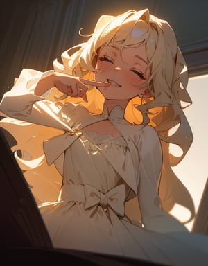 Masterpiece, Top Quality, High Definition, Artistic Composition, One Girl, Bust Shot, Squinting, Chuckling, (index finger in front of mouth), Dark Room, Bedroom, Backlight, Impressive Light, Simple Dress, Long Wavy Hair, POW, Frontal Composition, Looking Up,girl