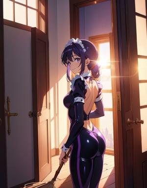 (Masterpiece, Top Quality), High Definition, Artistic Composition, 1 girl, anime, purple maid outfit, cleaning with bamboo broom, doorway, open door, morning sun, backlight, catsuit, gentle smile, dramatic, wide shot